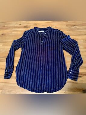 LOFT Navy Blue & White Dobby Striped Henley Blouse - Size S